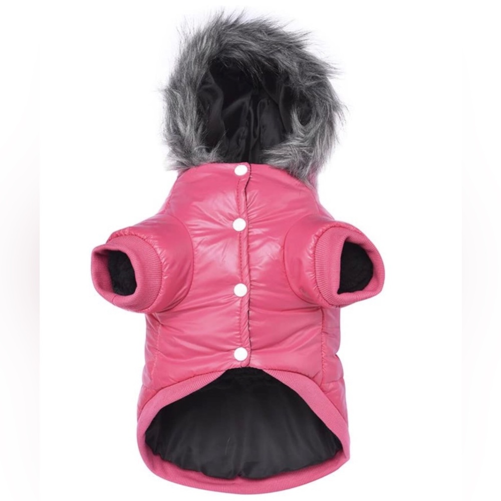 “Pink Dog Puffer Jacket” Fur Hood Warm Winter Wind/Waterproof Cat Pet Lined Coat - Picture 3 of 9